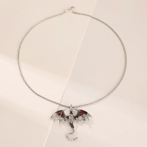 Hip hop style silver dragon pendant necklace with crystals and black wings