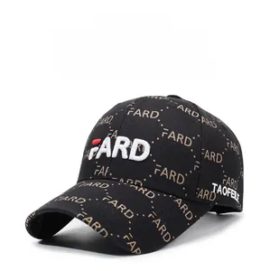 Close-up of white 3D letter embroidery on black cotton twill baseball cap with FARD pattern