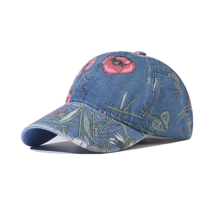 Floral Print Denim Baseball Cap Adjustable Sun Hat Retro Ethnic Style For Men Women Outdoor Casual