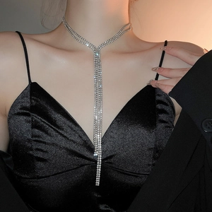 Detailaufnahme einer silbernen Strass-Halskette mit langen Fransen und Doppelschicht
