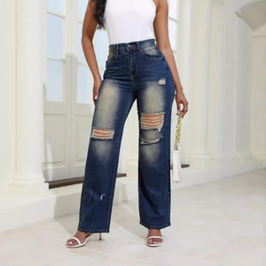 Women's high waist straight leg jeans in dark blue denim with distressed knee details