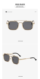 Macro detail of gold metal steampunk sunglasses with octagonal dark grey lenses