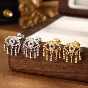 S925 sterling silver evil eye hoop earrings with cubic zirconia fringe in gold and silver