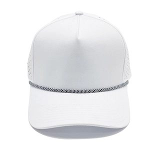 Close-up of white baseball cap with decorative black and white rope and laser-cut holes