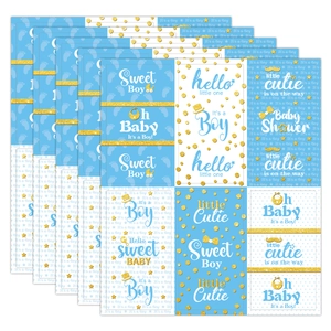 Detail of blue and gold Baby Shower candy wrappers with Sweet Boy and It's a Boy text