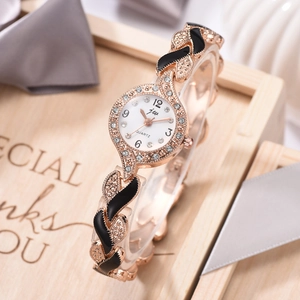 Elegant rose gold leaf bracelet watch set with black enamel and rhinestones for women
