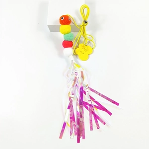 Hanging cat toy featuring colorful plush balls and reflective iridescent tassels on elastic rope