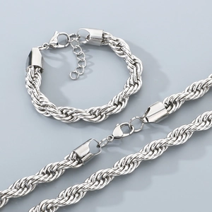 Detail view of 10mm silver stainless steel rope chain necklace and bracelet jewelry set