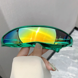 Macro detail of futuristic green metallic frame and colorful gradient wrap-around lens