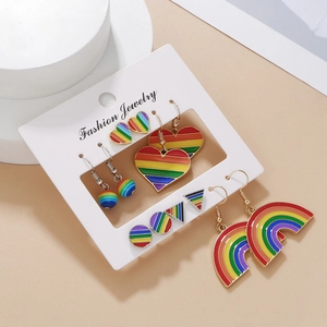 Set of 6 pairs rainbow heart earrings with colorful enamel drops and crystal accents