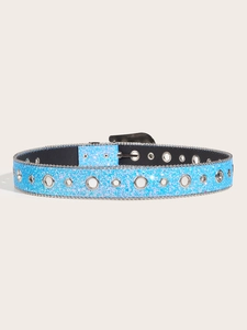 Detail of blue glitter belt featuring dual metal eyelets and beaded trim decoration