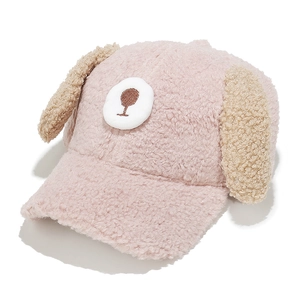 Detailed view of pink fuzzy teddy fleece baseball cap with cute 3D puppy ears