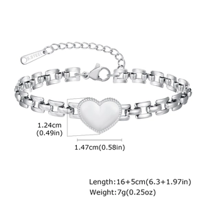 Detailed view of silver stainless steel heart bracelet with sizing and lobster clasp