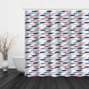 Detail of waterproof polyester shower curtain with colorful fish pattern and hanging rings