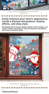 Detail of Christmas window clings featuring Santa, snowmen and trees for festive glass decor