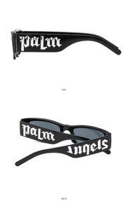 Close-up of black rectangular sunglasses featuring white gothic lettering on the temples
