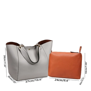 Detailed size chart for large grey leather tote bag and small orange inner pouch set