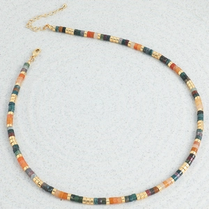 Bohemian colorful natural stone beaded necklace with gold spacers and adjustable chain