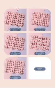 Pink food grade silicone gummy molds featuring animals, fruits and sea creature designs
