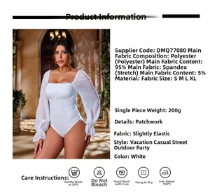Detailed fabric chart for white square neck bodysuit with sheer polka dot lace sleeves