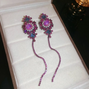 Vintage luxury palace style long dangle earrings with pink and blue rhinestones