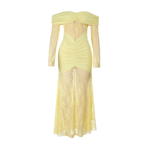 Close-up of yellow off-shoulder lace dress with long sleeves and fishtail hemline