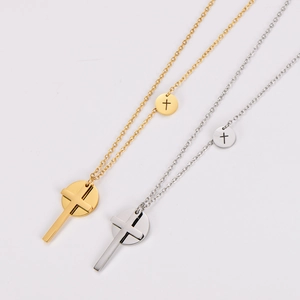 Cross Round Plate Pendant Necklace 304 Stainless Steel Religious Minimalist Jewelry For Men Women O-Chain