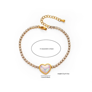 Detailed view of golden butterfly heart bracelet showing 17+4cm length and 3.7g weight