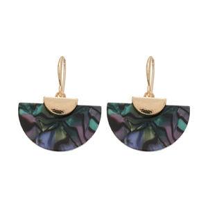 Elegant abalone shell fan-shaped earrings with gold semi-circle accents on white background
