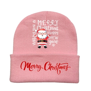 Pink Christmas knitted beanie with Santa Claus print and Merry Christmas embroidery
