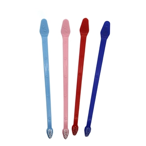 Set of four long-handle double-ended pet toothbrushes in blue, pink, red and deep blue