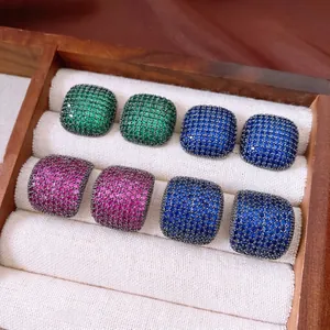 Vintage square stud earrings with pave-set green, blue, and pink cubic zirconia
