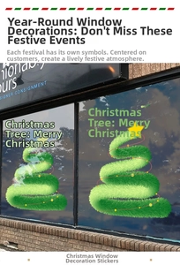 Close-up of green spiral Christmas tree window sticker with festive greeting on glass