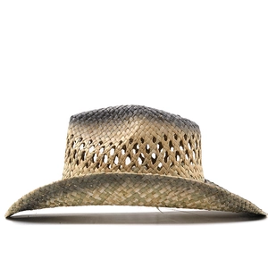 Détail d'un chapeau de cowboy en paille tressé main avec maille losange et dégradé