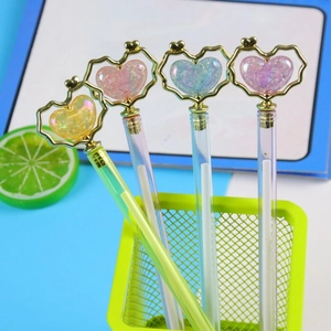 Crystal Heart Gel Pens With Gold Plated Frame Glitter Decor Stationery Office School Supplies Creative Cute