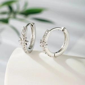 North Star Hoop Earring Zircon Micro Inlaid Brass Silver Color Small Piercing Jewelry For Women Minimalist Style