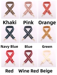 Detailed grid of adjustable woven bag straps with arrow patterns and gold metal hooks