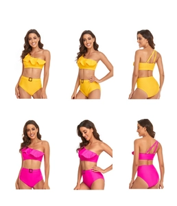Detail view of two-piece bikini featuring one-shoulder ruffles and high-waisted belted bottoms