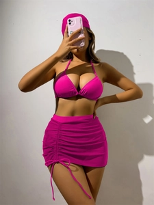 Polyester Spandex Halter Triangle Bikini Top And Bottom Mesh Drawstring Skirt Matching Headscarf Sexy Backless Beachwear