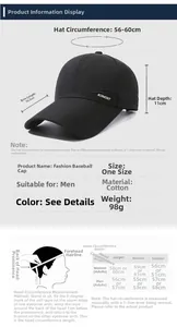 Size guide for men's cotton baseball cap showing 56-60cm circumference and measurement tips