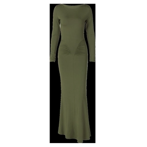 Detail of olive green bodycon dress showing waist ruching and soft knit fabric texture