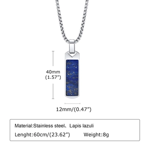 Detailed view of silver stainless steel pendant with lapis lazuli and exact measurements