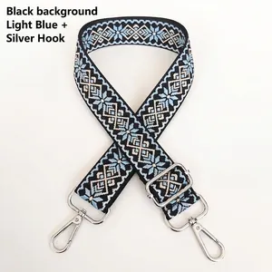 Detail of 3.8cm geometric jacquard bag strap with silver metal hooks and adjuster