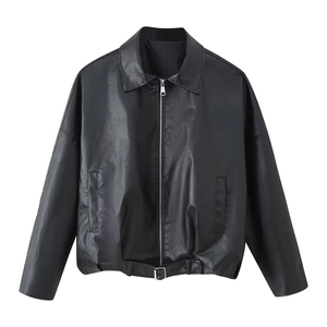 Women's vintage black faux leather jacket with waist belt and zipper detail on white background