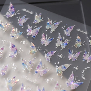 3D embossed holographic butterfly nail art stickers with purple laser gradient shine