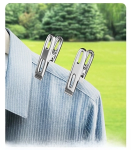 Detail of stainless steel clothes pegs with non-slip ridges gripping a shirt