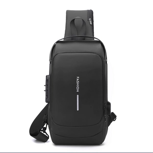 Close-up of anti-theft combination lock and USB charging port on black crossbody bag