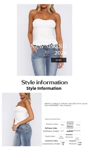 Detailed view of white tube top with ruffles and elastic polyester fabric specifications