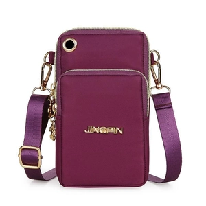 Purple nylon crossbody phone bag for outdoor sports with adjustable strap and gold hardware