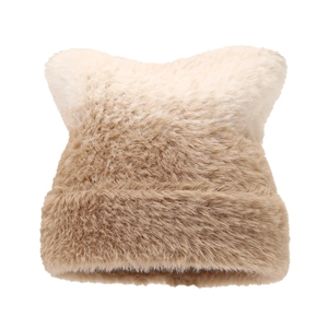 Cute cat-ear knitted beanie with gradient beige and light brown faux fur texture